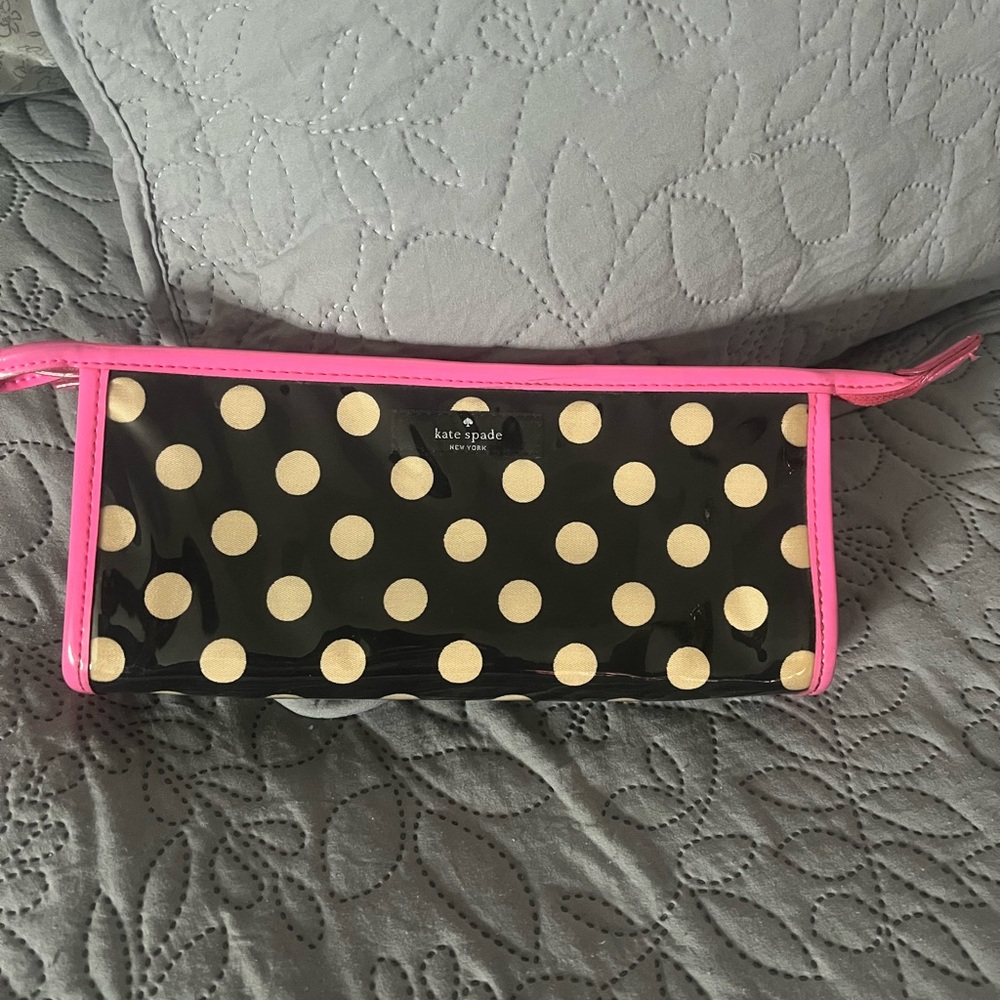 kate spade Black with White Polka Dots Cosmetic Pouch with Hot Pink Trim
